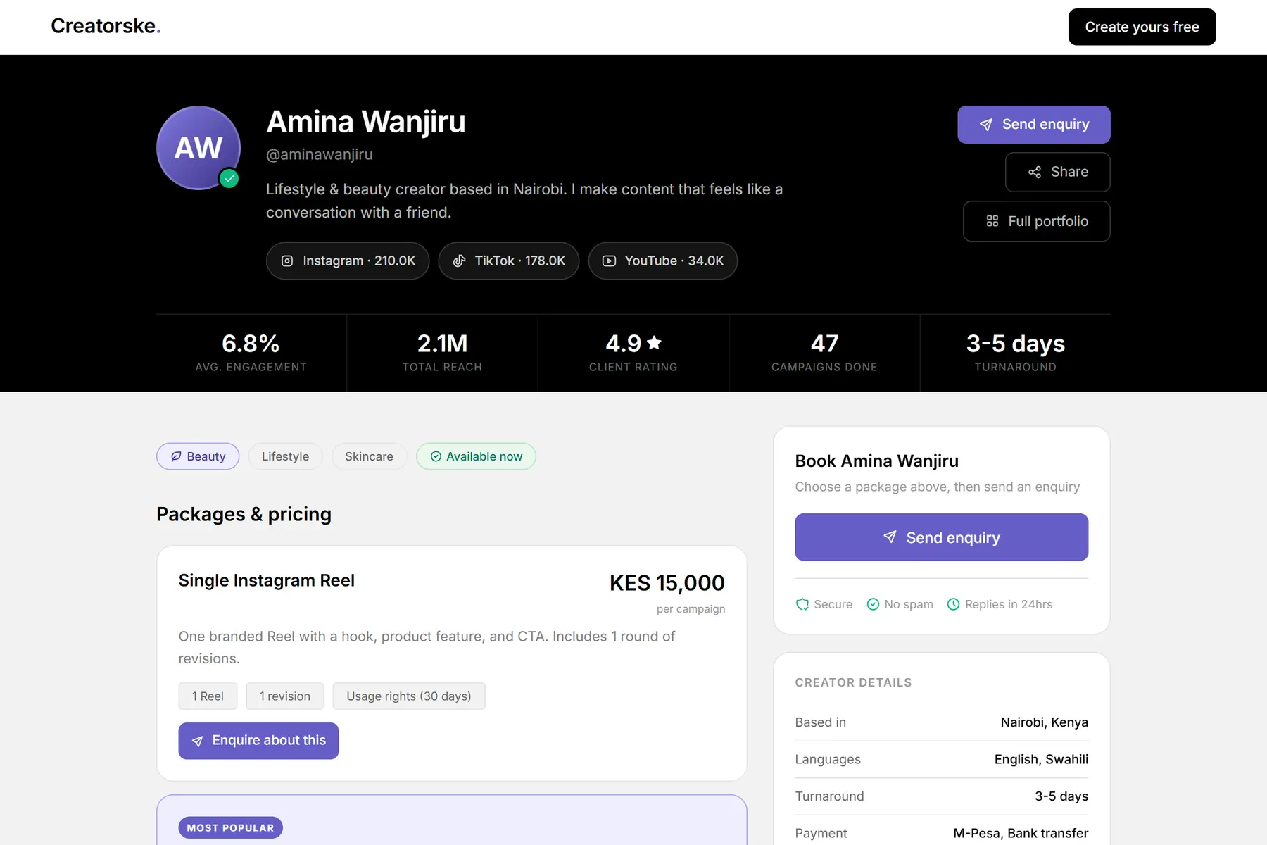 A creator's public rate card with reach, engagement, packages and prices, and a button to send an enquiry