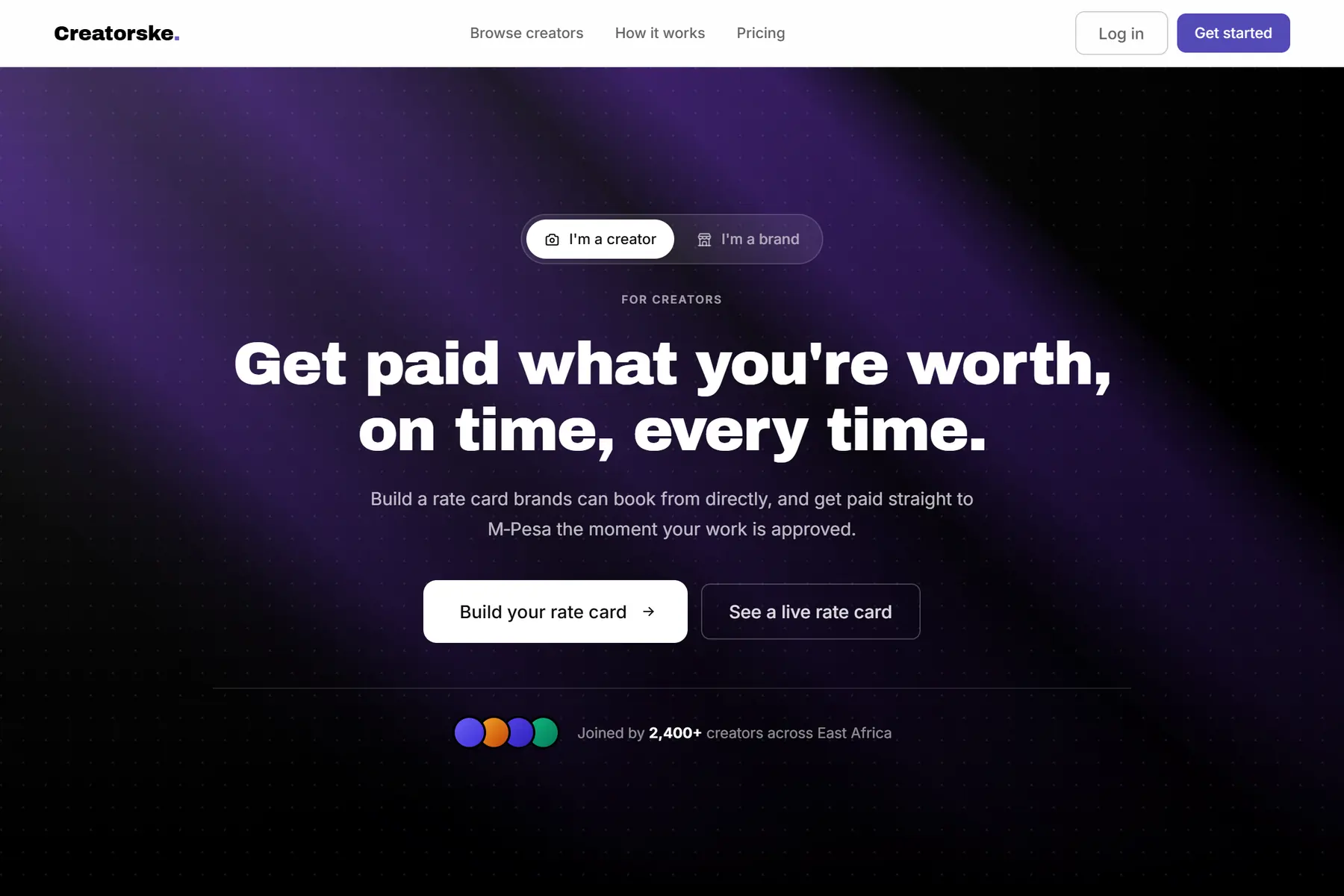 The Creatorske home page: a purple hero reading Get paid what you're worth, on time, every time