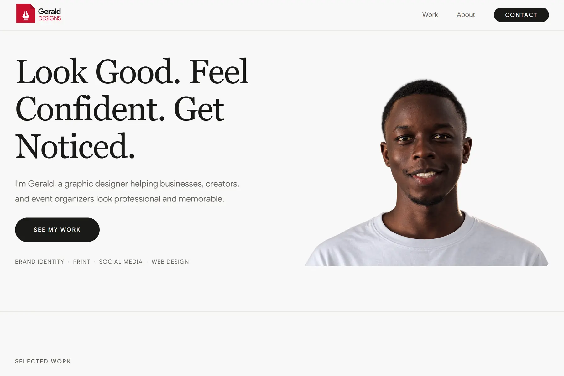 The Gerald Designs home page: the headline Look Good. Feel Confident. Get Noticed. beside a portrait