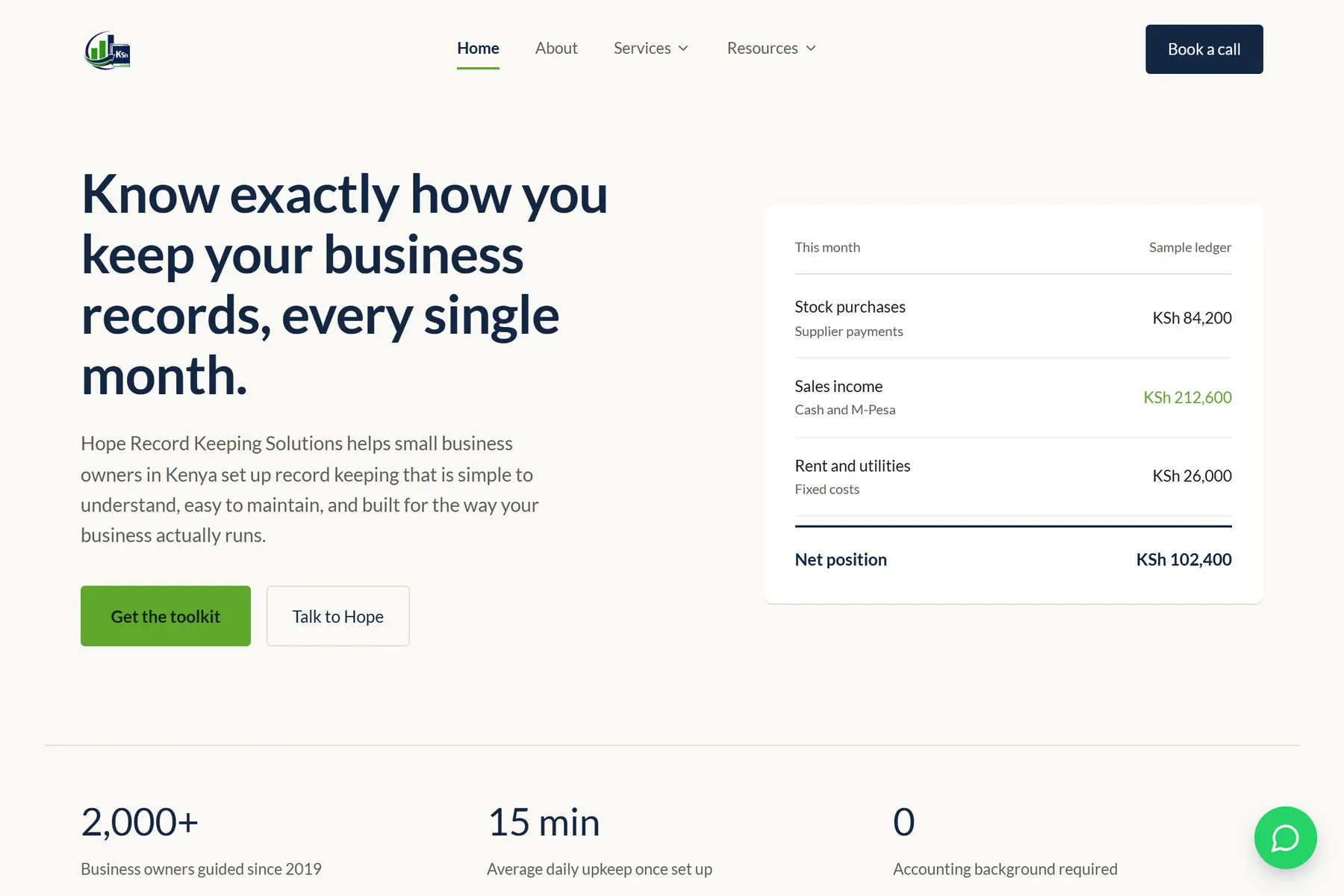 The Hope Record Keeping home page: a headline about knowing how you keep your records, beside a sample monthly ledger