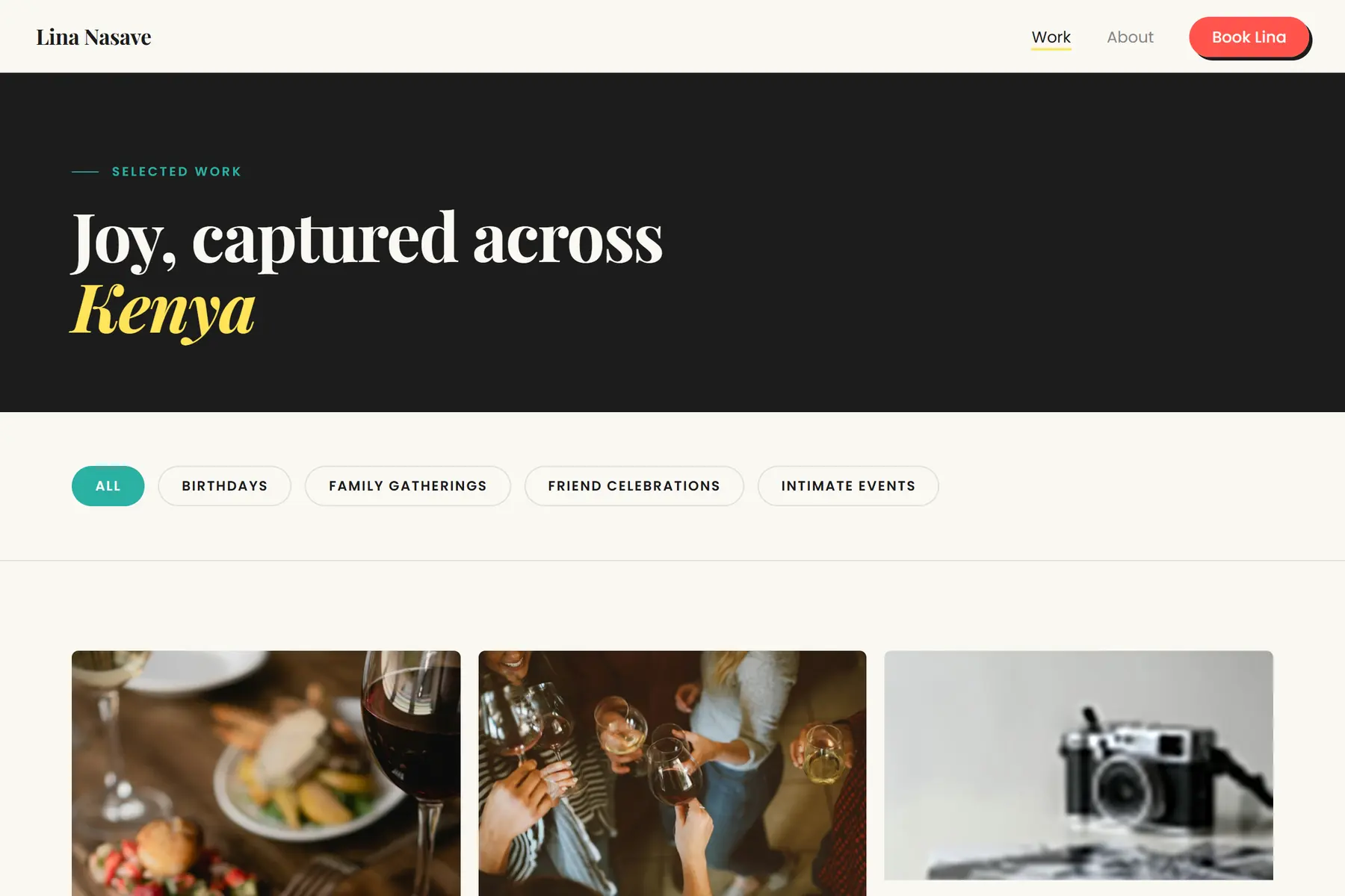 The work page with filters for birthdays, family gatherings, friend celebrations and intimate events