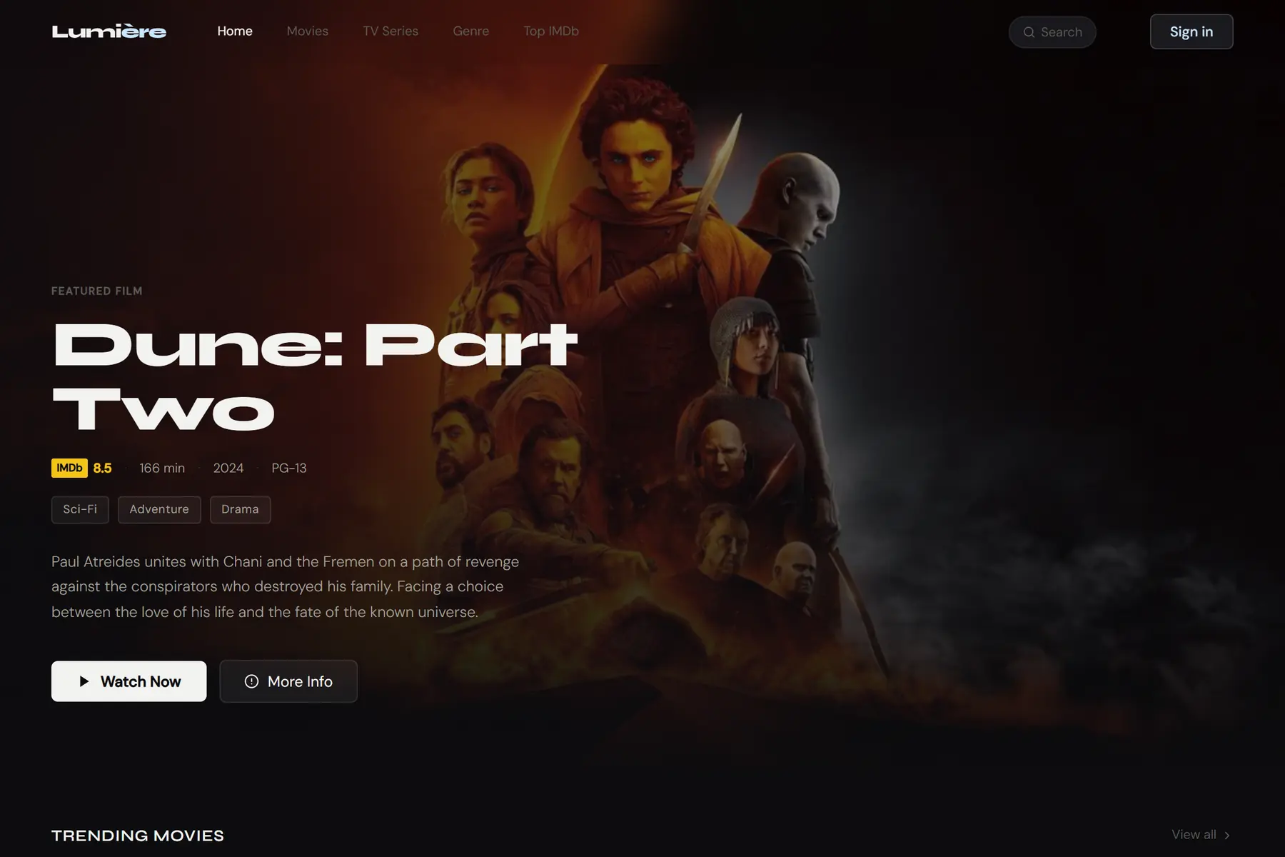 The Lumière home page: a featured film over full-bleed artwork, with Watch Now and More Info buttons