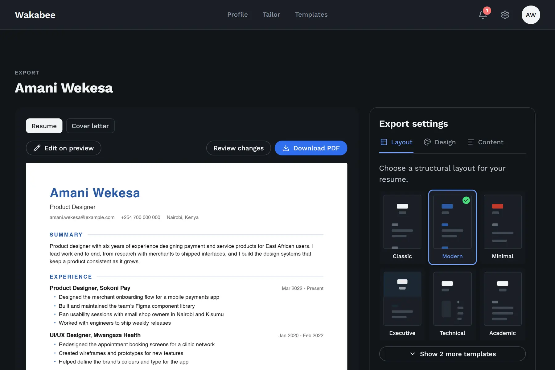 The Wakabee export screen: a tailored resume previewed beside the layout settings